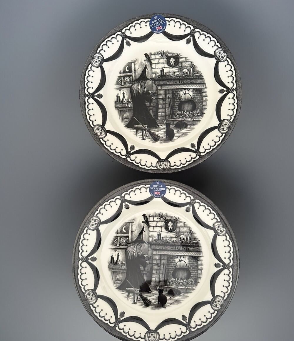 2 Royal Stafford Halloween Spookyville Witches Home 11” Dinner Plates New w/ Tag